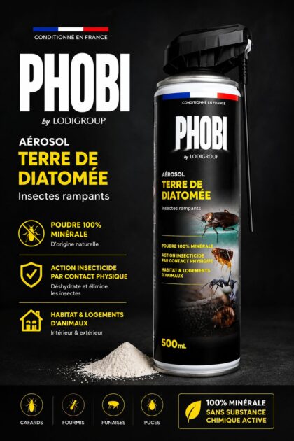 Phobi Aérosol Terre de Diatomée 500 ml — Insecticide Naturel Rampants (Cafards, Fourmis, Punaises, Puces) — Lodigroup